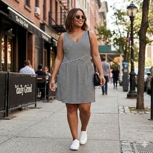 Lane Bryant Black White Striped V-Neck Fit Flare Dress 28 Textured Sleeveless